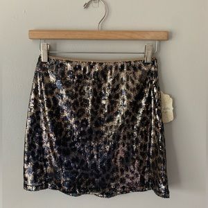 NWT Altar’d State Sequin Leopard Gold Black Mini Skirt Animal Print XS